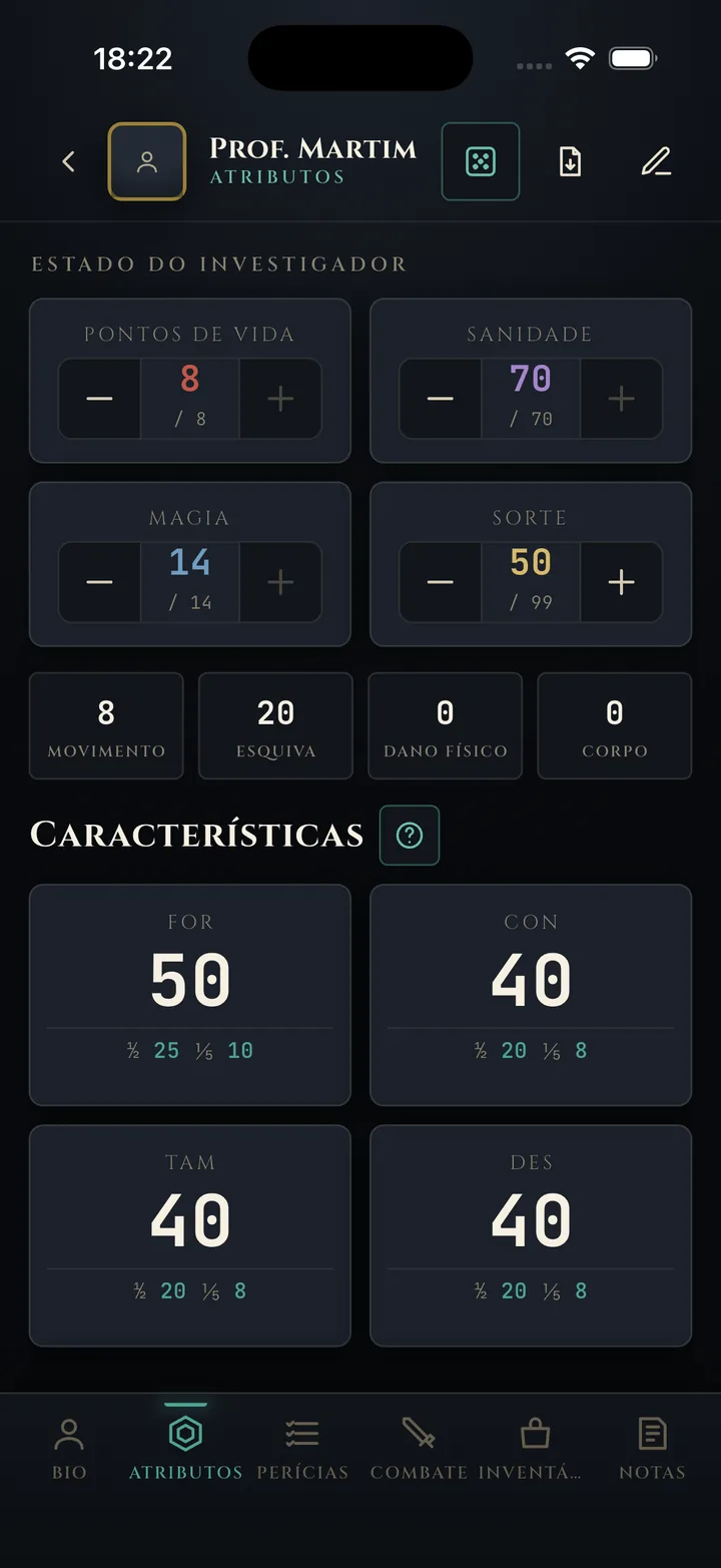 Tela de atributos e características