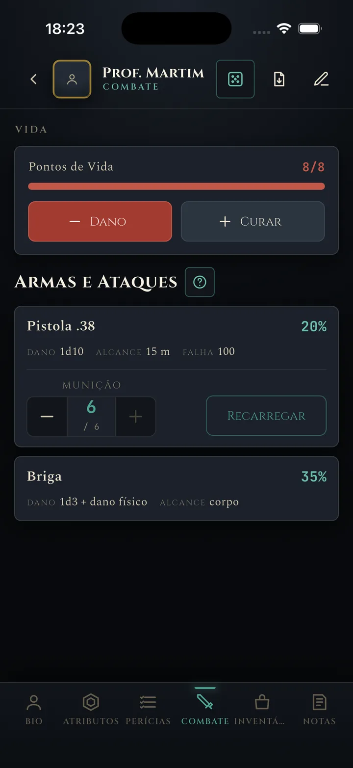 Tela de combate com armas e munição